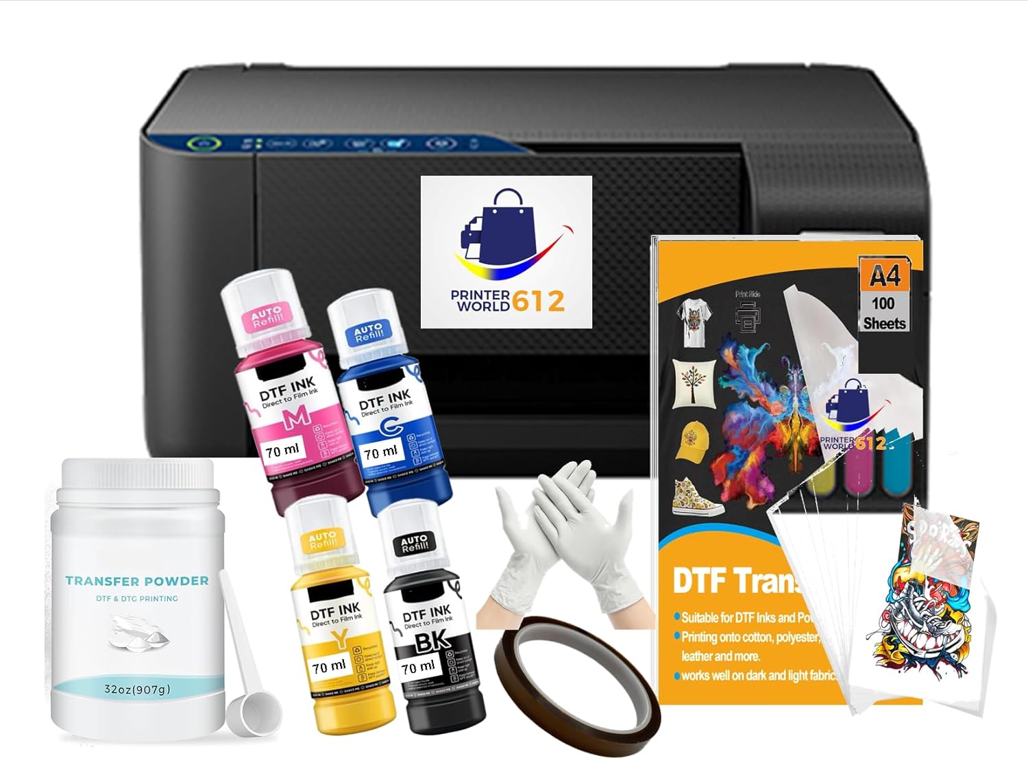 Super-Tank DTF T-Shirt Printer with DTF Ink and Powder Pack for Heat Transfers, Easy Filling, Built-in Scanner and Copier - New, Medium DTF Conversion Printer