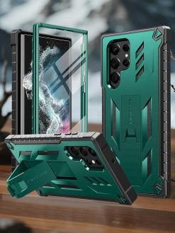 for Samsung Galaxy S22 Ultra Case Military Grade Drop Proof Protection Mobile Cover with Kickstand | Matte Textured Rugged Shockproof TPU | Protective Sturdy Phone Case - Emerald Green
