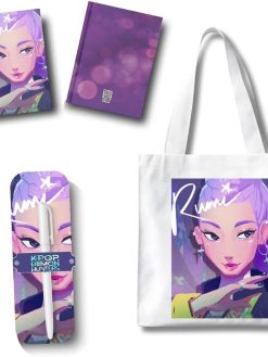 KPOP Huntrx Stationery Gift Set, Tote Bag, Pocket Notebook,1 Pen, Anime Character Art, Purple and Pink Theme (RUMI)