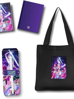KPOP KDH Bundle Set, Black Tote Bag, Purple Pocket Notebook, Pen, Anime Theme Merchandise
