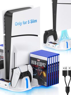 Nepagz PS5 Slim Cooling Stand With Controller Charging Station, 3-Level Fan, 12 Game Storage for PlayStation 5 (Digital/Disc) - White