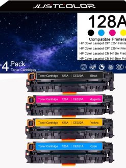 JUSTCOLOR Compatible Toner Cartridge Replacement for HP 128A CE320A CE321A CE322A CE323A for HP Color Laserjet CP1525n CP1525nw CM1415fn CM1415fnw (1 Black, 1 Cyan, 1 Magenta, 1 Yellow, 4 Pack)