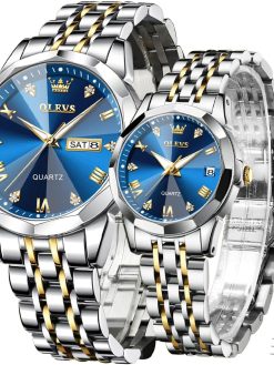 OLEVS Valentines Couple Pair Quartz Watches Luminous Calendar Date Window 3ATM Waterproof, Casual Stainless Steel His and Hers Wristwatch for Men Women Lovers Wedding Romantic Gifts Set of 2