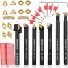 Indexable Lathe Turning Tool 14Pcs Kit 3/8'' 10mm Shank 7 Pcs Metal Lathe Tools Holder Set for Turning Grooving Threading Boring with 7 Pcs Carbide Inserts Turning Inserts Carbide Turning Tool