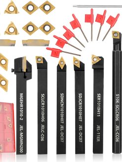 Indexable Lathe Turning Tool 14Pcs Kit 3/8'' 10mm Shank 7 Pcs Metal Lathe Tools Holder Set for Turning Grooving Threading Boring with 7 Pcs Carbide Inserts Turning Inserts Carbide Turning Tool