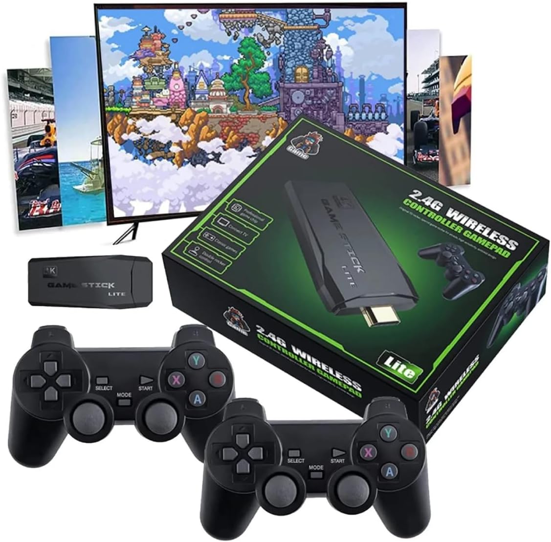 Wireless Retro Game Console Plug And Play Video Game Stick Built In 10000+ Games, 9 Classic Emulators 4K High Definition HDMI Output For Tv With Dual 2.4G Wireless Controllers With 64GB Memory Card